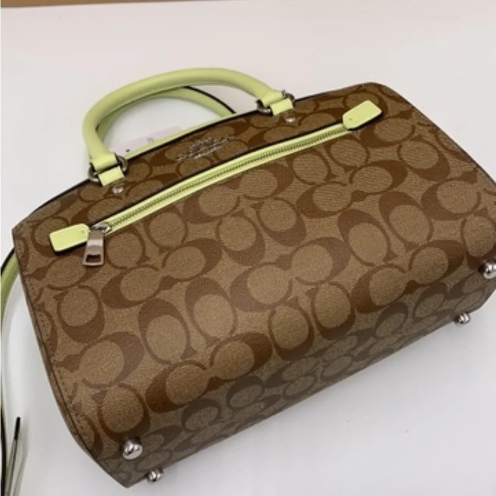 COACH  (83607) Rowan Khaki/Pale Lime Signature Medium Satchel Crossbody Handbag - Picture 7 of 16